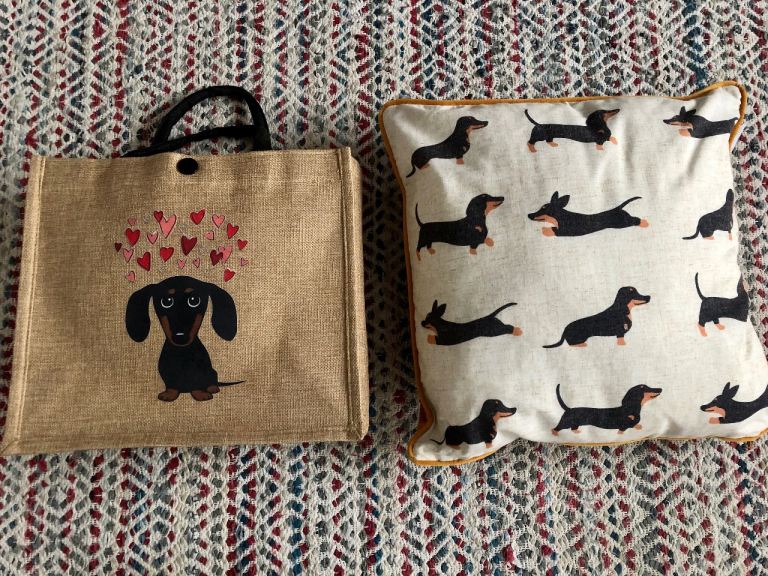 Sausage dog cushion and shopping bag