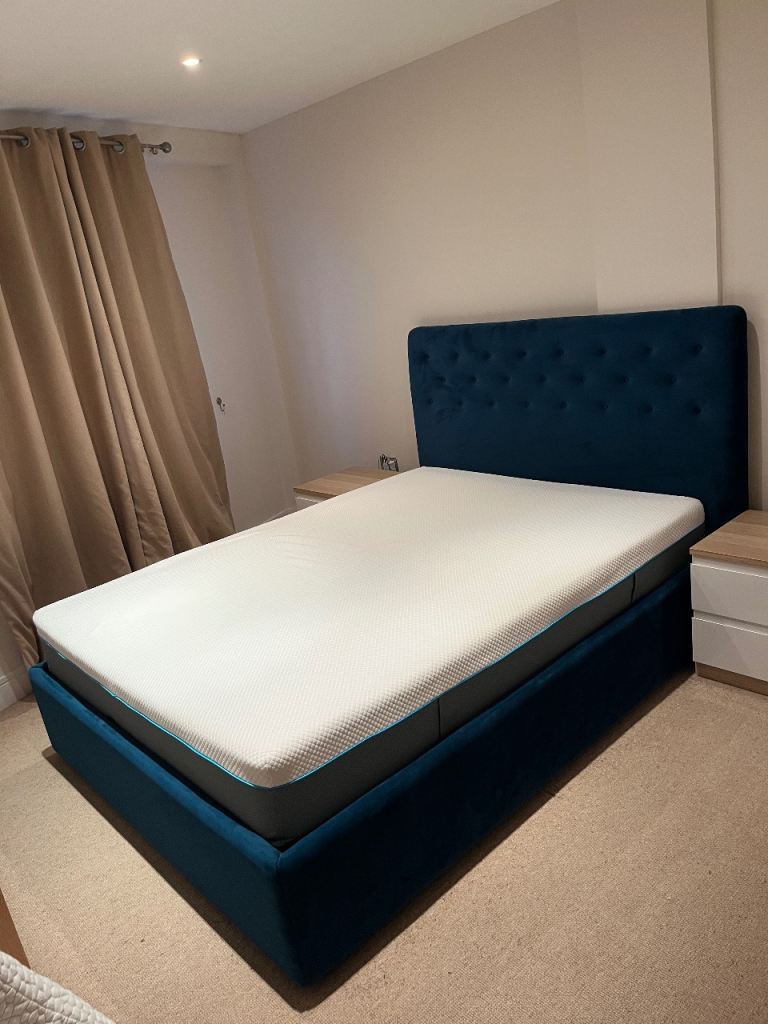 King Ottoman Storage Bed + Simba Mattress – Velvet Blue – Great Condition