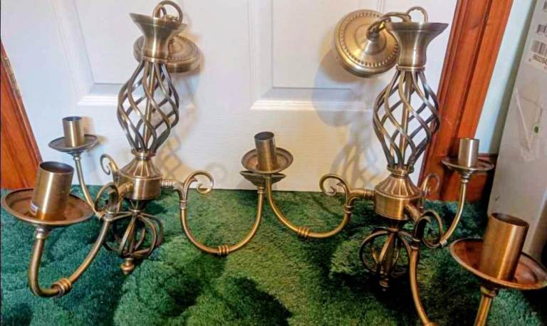 A Pair Of Antique Brass Ceiling Chandelier Style Lights  ( 14 " X 15" ) +   Bedside Lamps 
