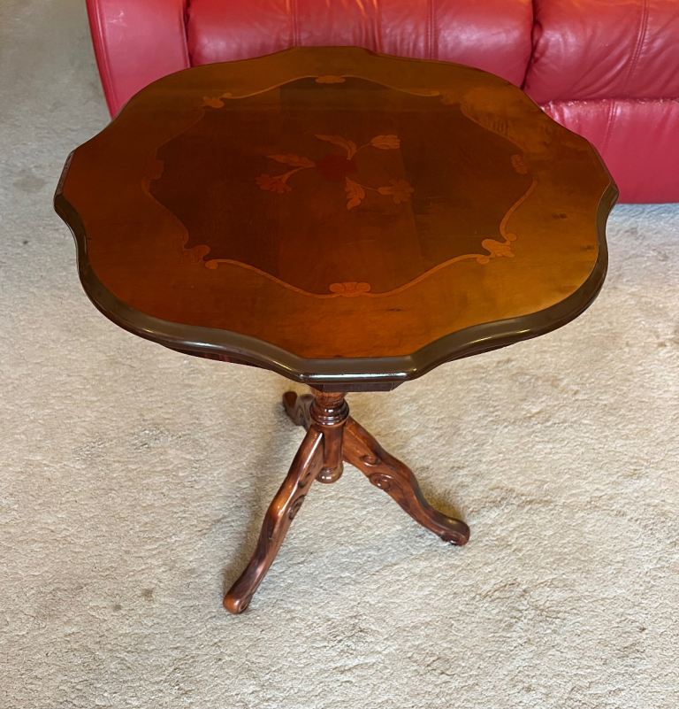 Round Vintage Wooden Side Table with Inlaid Veneer VGC