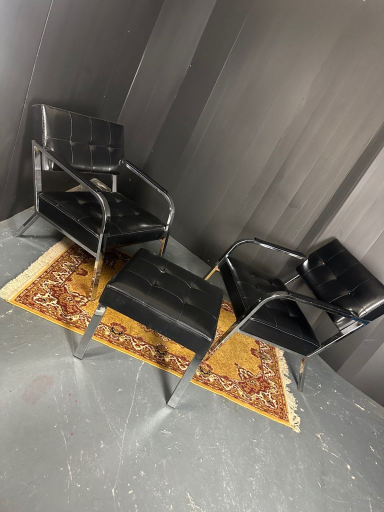 Pair of Mid Century Modern Style Chrome chairs and footstool