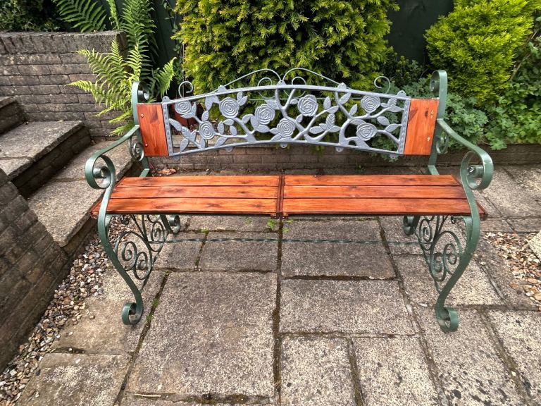 Vintage Restored 3 Seater Garden Bench with Cast Iron Ends and Wooden Slats Steel Frame  J264