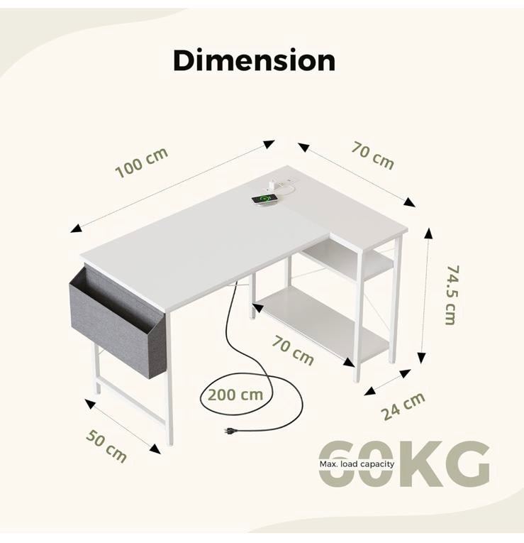 L Shaped Desk with Power Outlets, 100 cm L Computer Corner Desks with Reversible Shelves