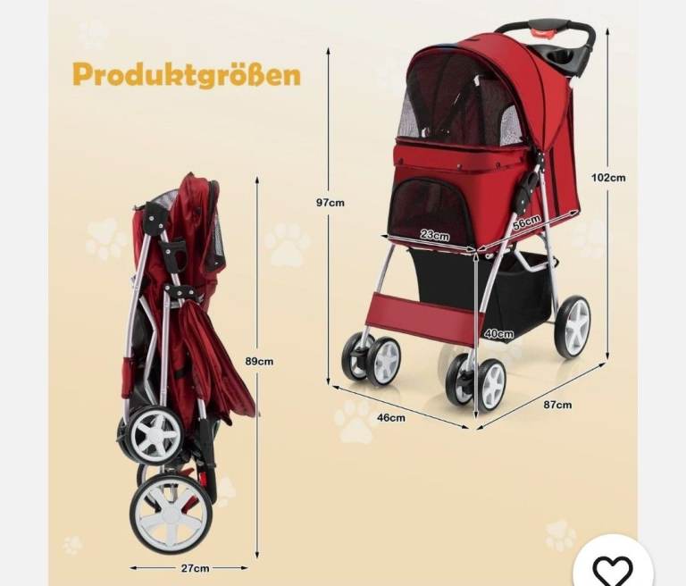 New Red Pet Stroller / Dog Pram – Foldable with Mesh Windows