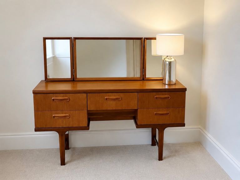 Vintage Wooden Dressing Table with Tri-Fold Mirror