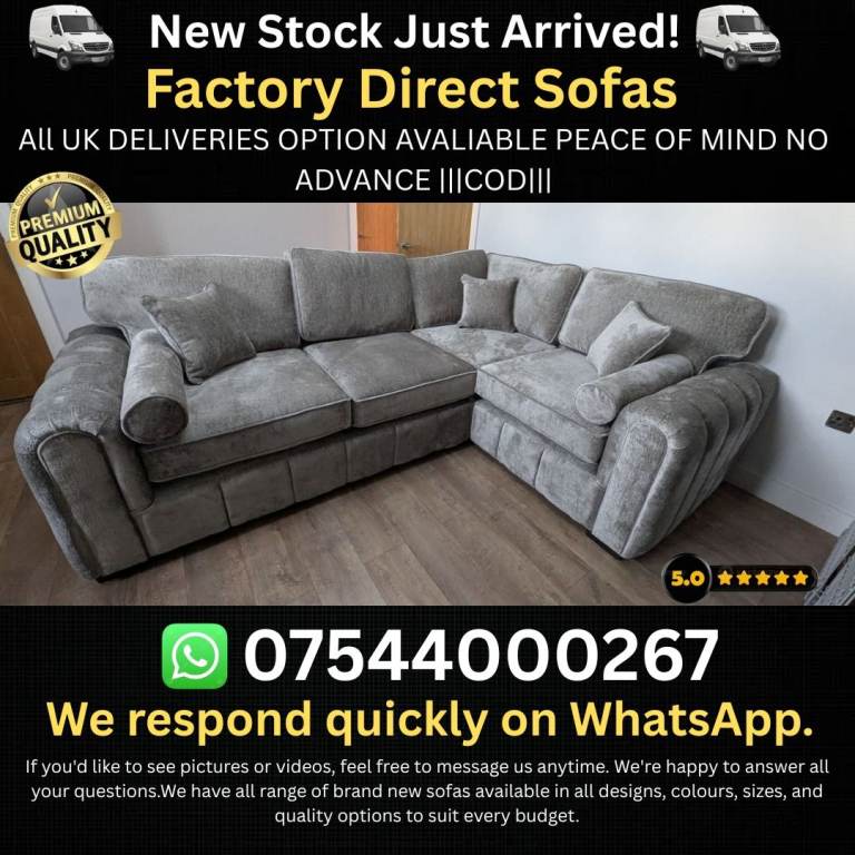 Brand New Grey Corner Sofa - Factory Direct