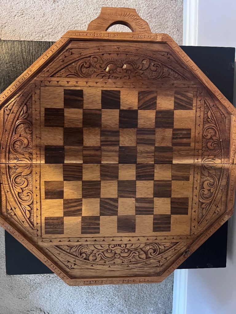 Vintage Hand-Carved Balinese Chess & Backgammon Set - Octagon Folding Board