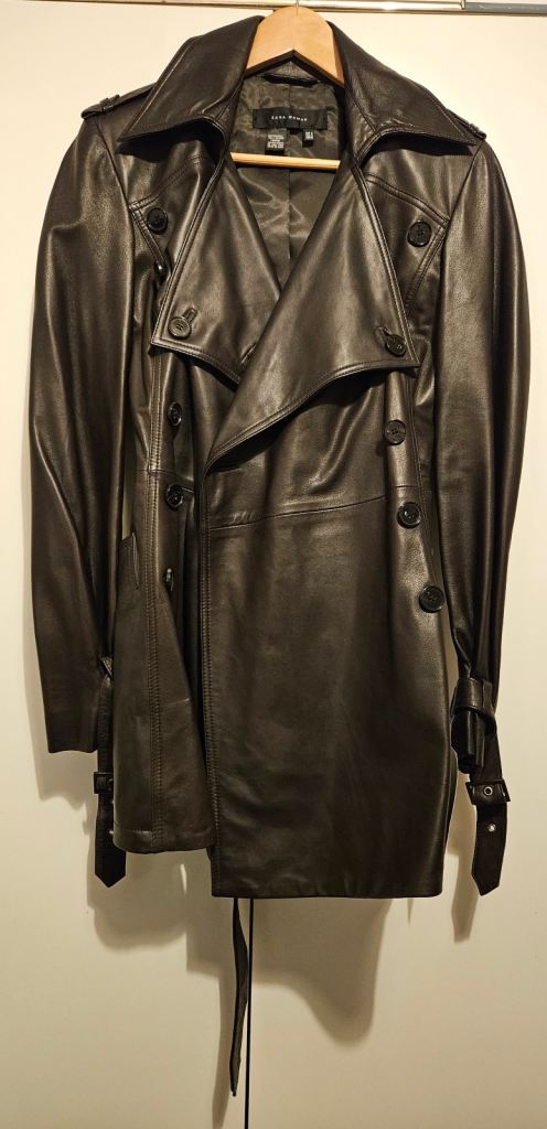 Zara Woman Black Leather Coat with Side Button Closure and Adjustable Belt