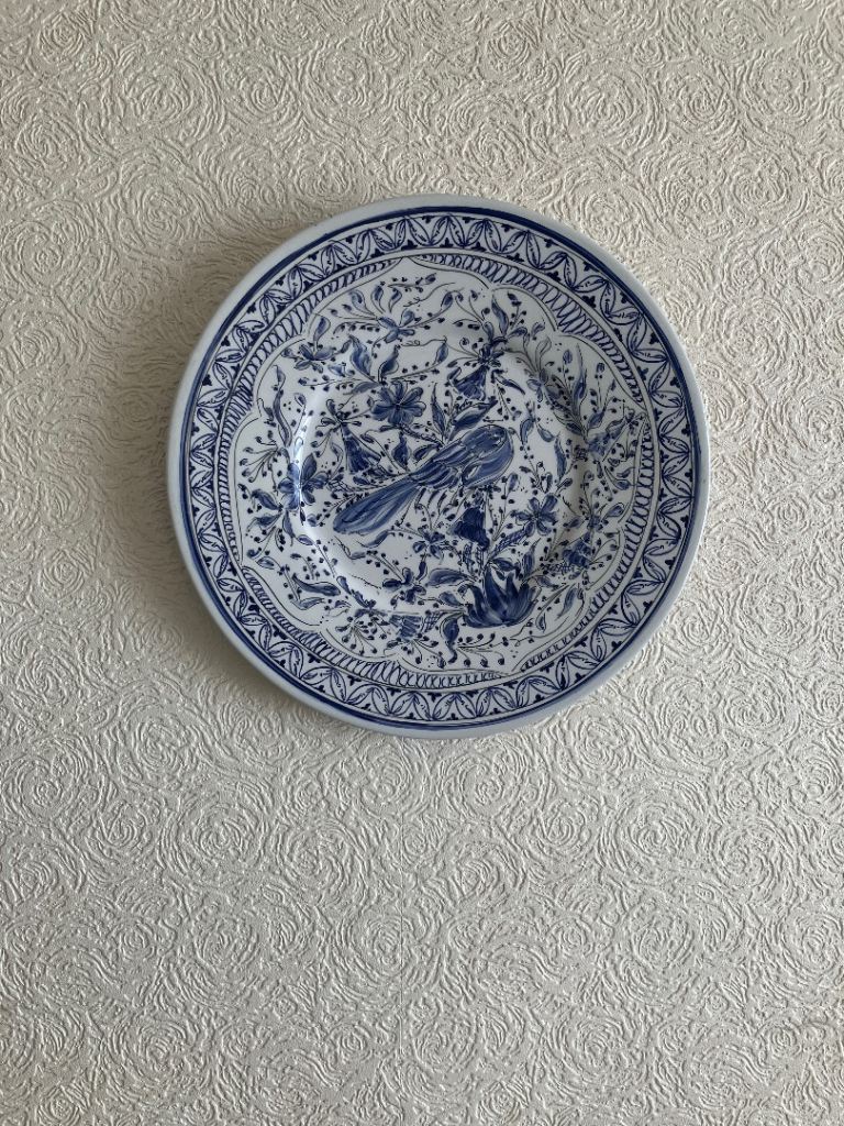 Decorative Blue and White Ceramic Plate with Bird Design