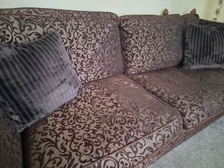 Brown Patterned Fabric Sofa and Footstool – Good Condition