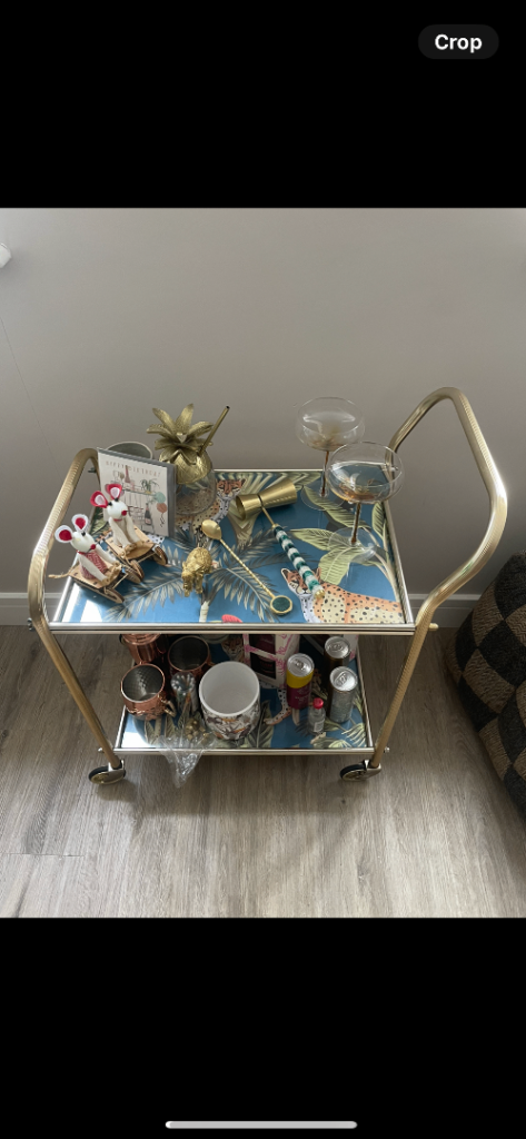 Gold Bar Cart with Tropical Print Shelves – Good Condition