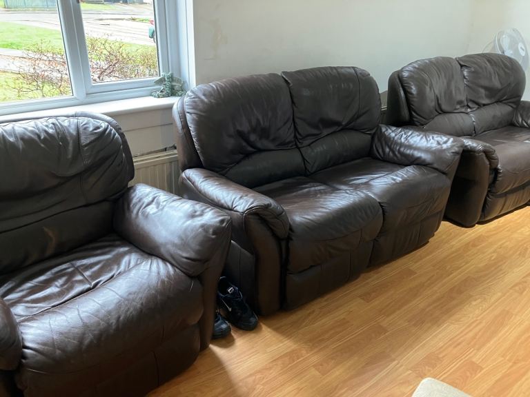 3 Piece Brown Leather Electric Reclining Suite for sale