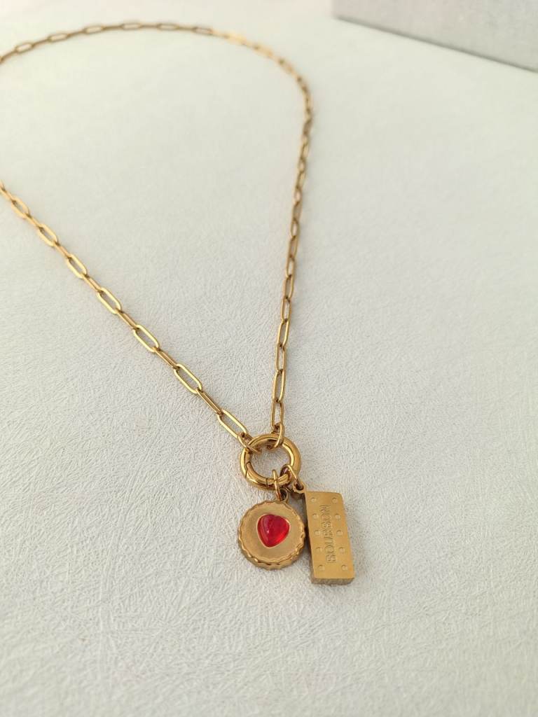 18k Gold Plated Paper Clip Chain Biscuits Charm Necklace.