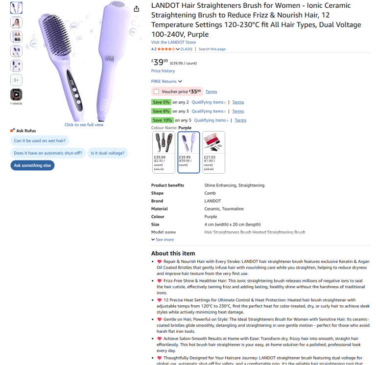 Brand New LANDOT Hair Straightener Brush - Unopened