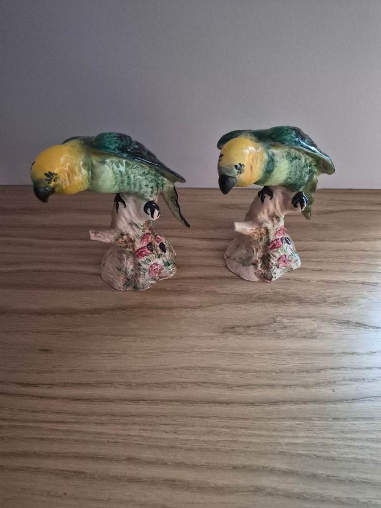 Pair of Vintage Ceramic Parrot Figurines – Green & Yellow