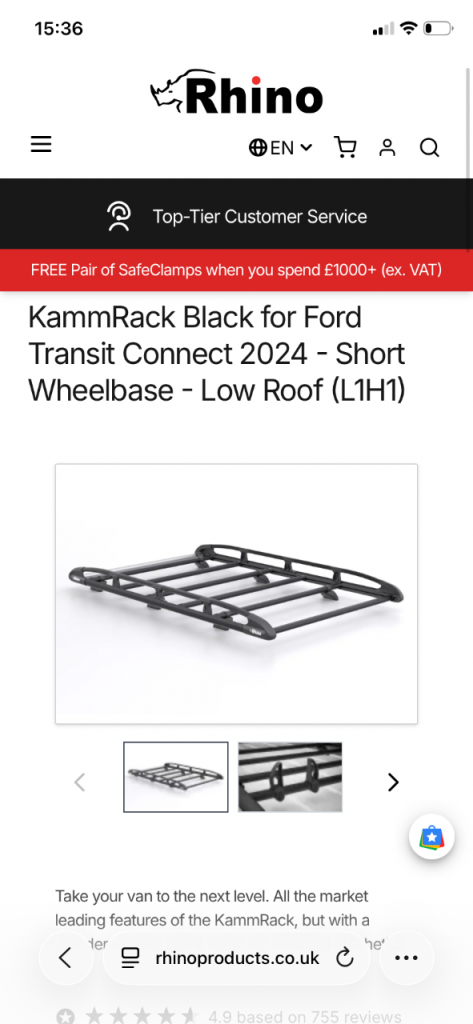 Transit connect 2024+ short wheelbase L1H1 Black Rhino KammRack roof rack