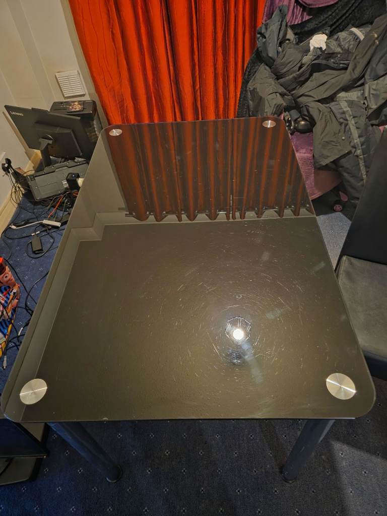 Glass table + 4 faux leather chairs