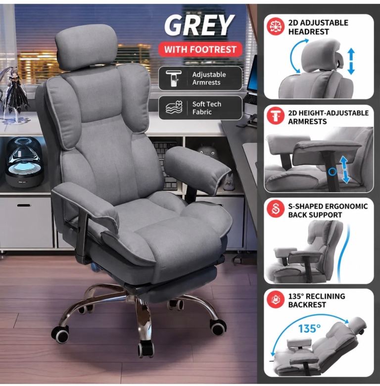 Ergonomic Executive Office Chair Recliner Footrest Adjustable Grey Cloth Fabric