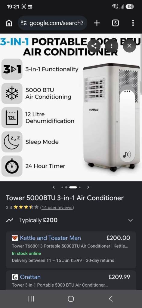 Tower 5000BTU Portable 3-in-1 Air Conditioner – New
