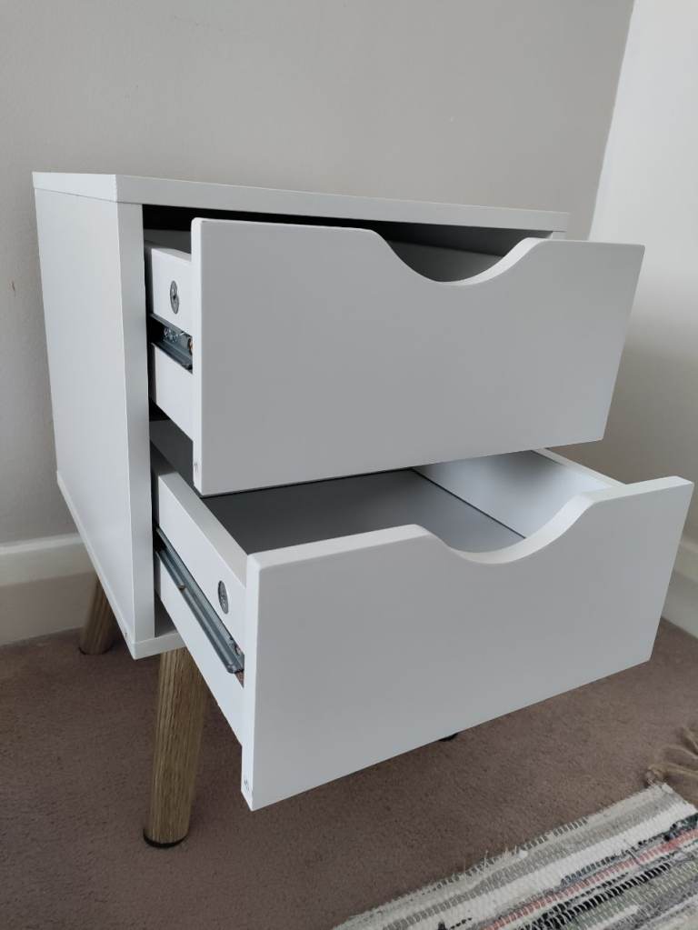 Small White 2-Drawer Bedside Tables with Wooden Legs
