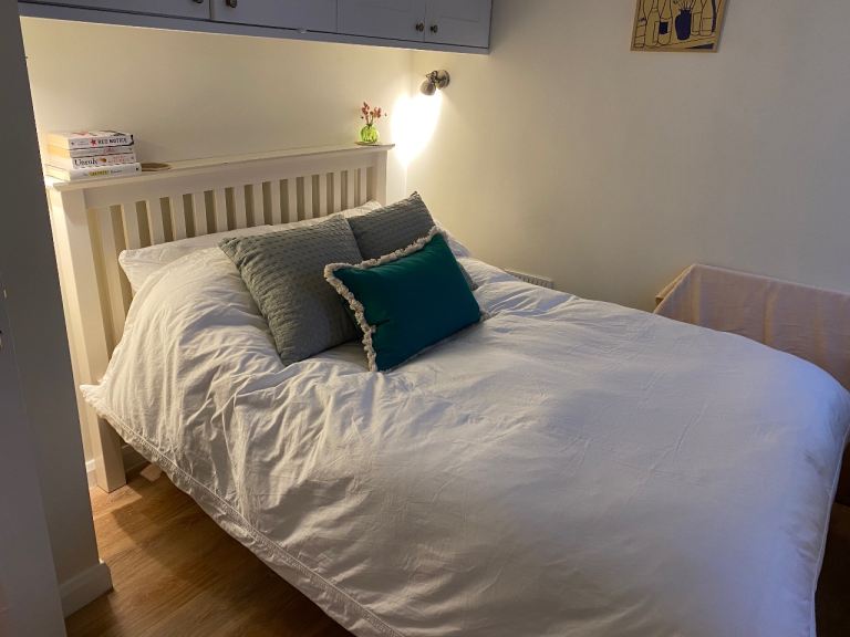 White Wooden Double Bed Frame and Mattress