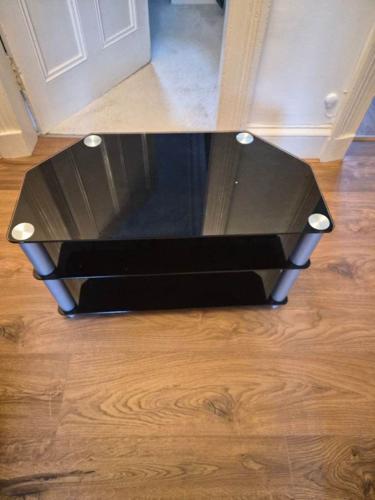 Black Glass TV Stand with Two Shelves – Good Condition