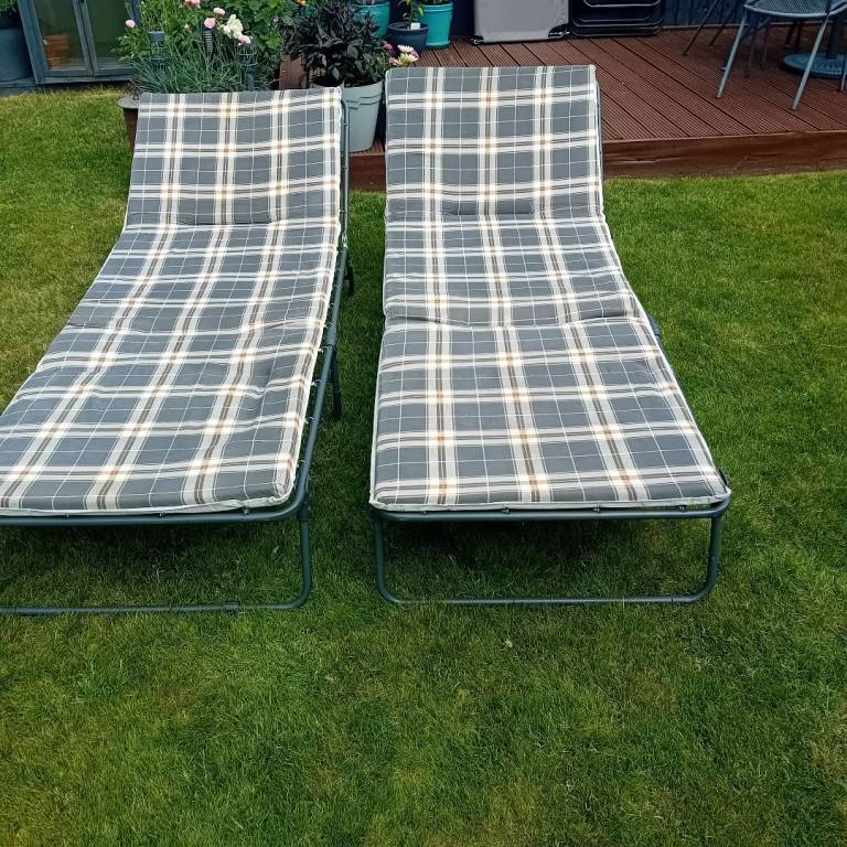 Pair of Folding Garden Loungers / Camp beds with Plaid Cushions
