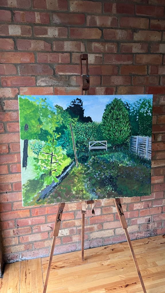 Late 20th Century Oil Painting on Stretched Canvas – Lush Garden Landscape  