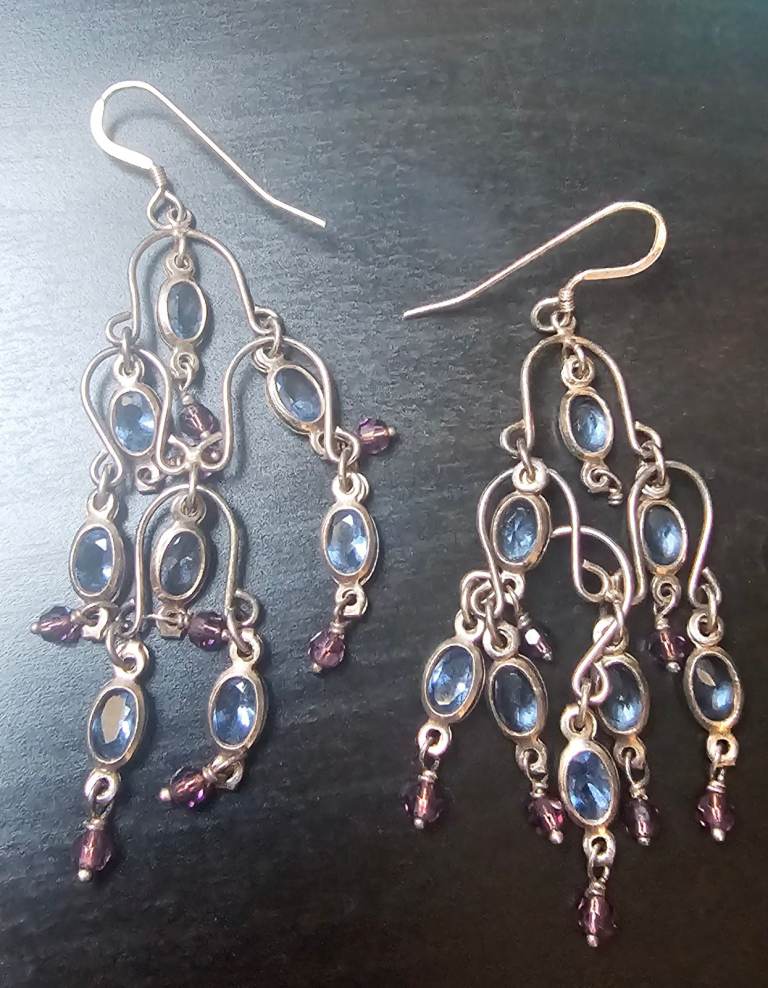 Silver-Tone Dangle Earrings with Blue and Purple Beads