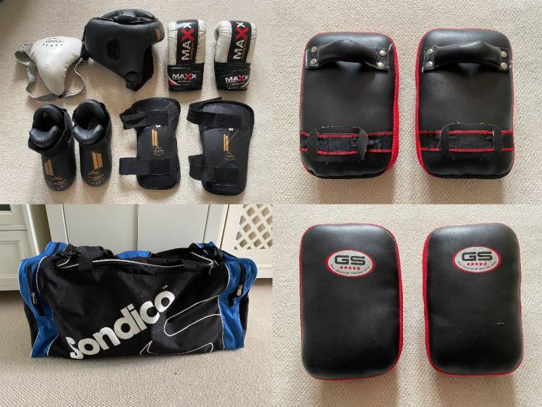 Martial Arts Karate Kick boxing Tae Kwan Do Gloves Shin Pads, Sparring Pads, Groin Guard & Head Gear
