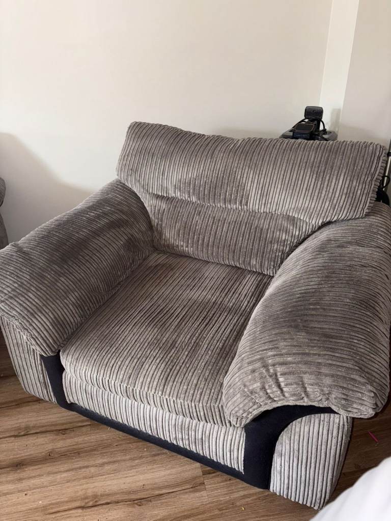 Lovely Grey Corduroy  3 seater 2 arm chairs  and stool– Good Condition