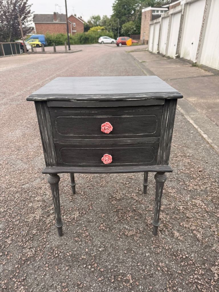 Upcycled black grey wooden Victorian style side table drawer cabinet