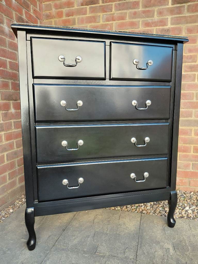 Chest of Drawers 2 Over 3 Black with Glass Top Refurbished 