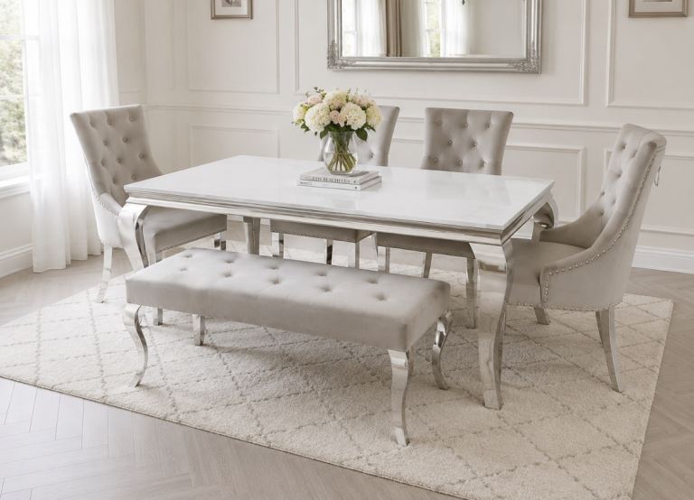  Rectangular White Glass Dining Table, 4 Grey Velvet Belgravia Chairs