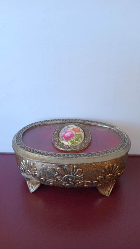 Vintage Style Oval Trinket Box with Floral Ceramic Inlay