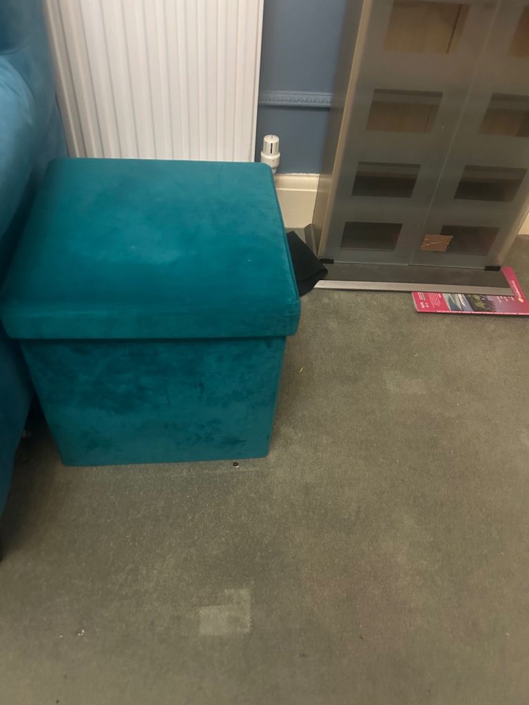 Turquoise Velvet Storage Ottoman/Stool – Good Condition