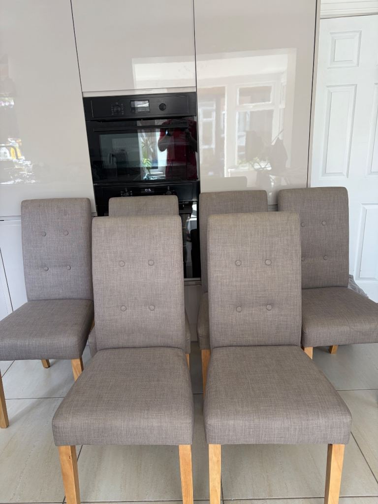 Set of 6 Grey Fabric Dining Chairs – Good Condition