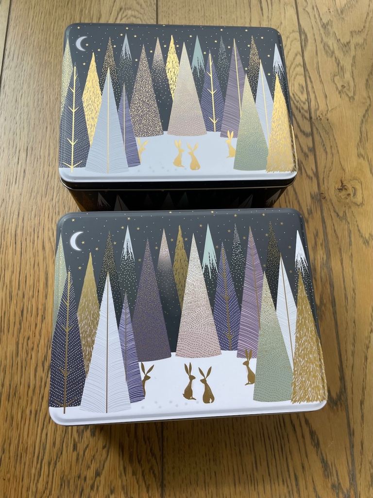 Two Sara Miller London Winter woodland motif tin boxes