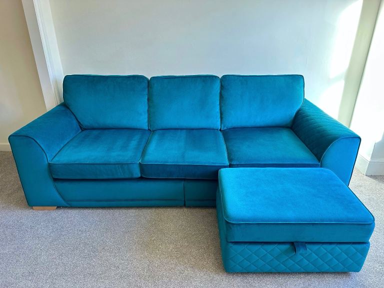 3-Seaters Velvet Sofa + FREE Storage Footstool