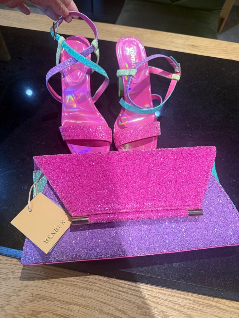 Menbur Pink Holographic Heels & Matching Glitter Clutch – New With Tags