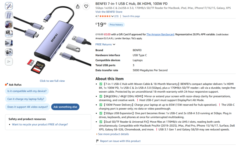 BENFEI 7-in-1 USB C Hub, 8K HDMI, 100W PD