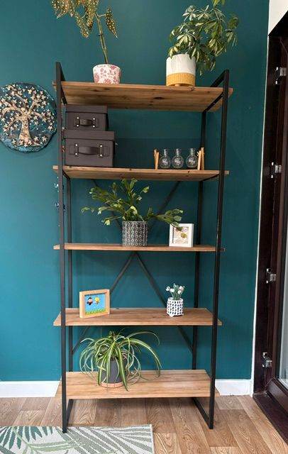 Industrial Style Bookshelf with Wooden Shelves  