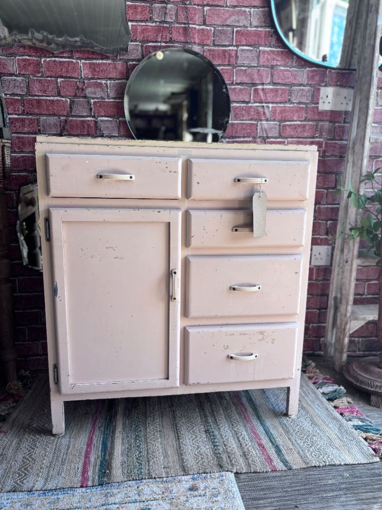 Vintage Retro mid-century original 1950’s pink kitchen cabinet Hoosier.