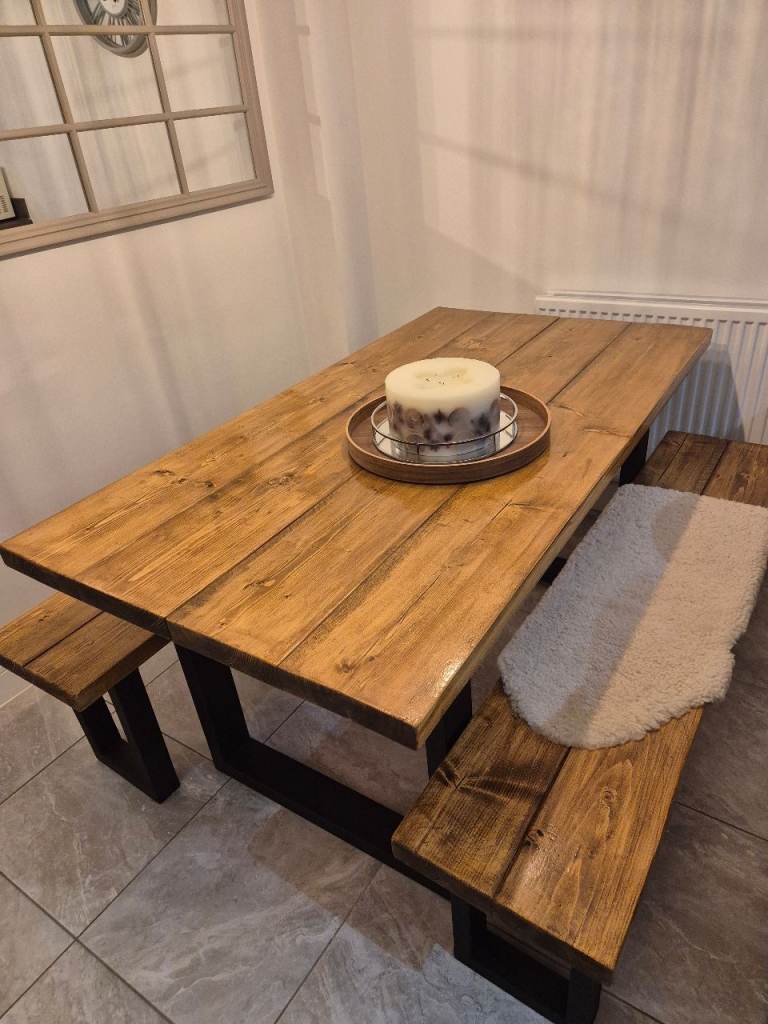 Solid Wood Dining Table with Benches – Good Condition