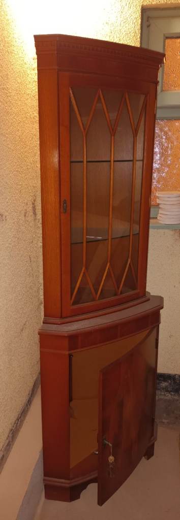 Vintage style tall, wood and glass, corner display cabinet