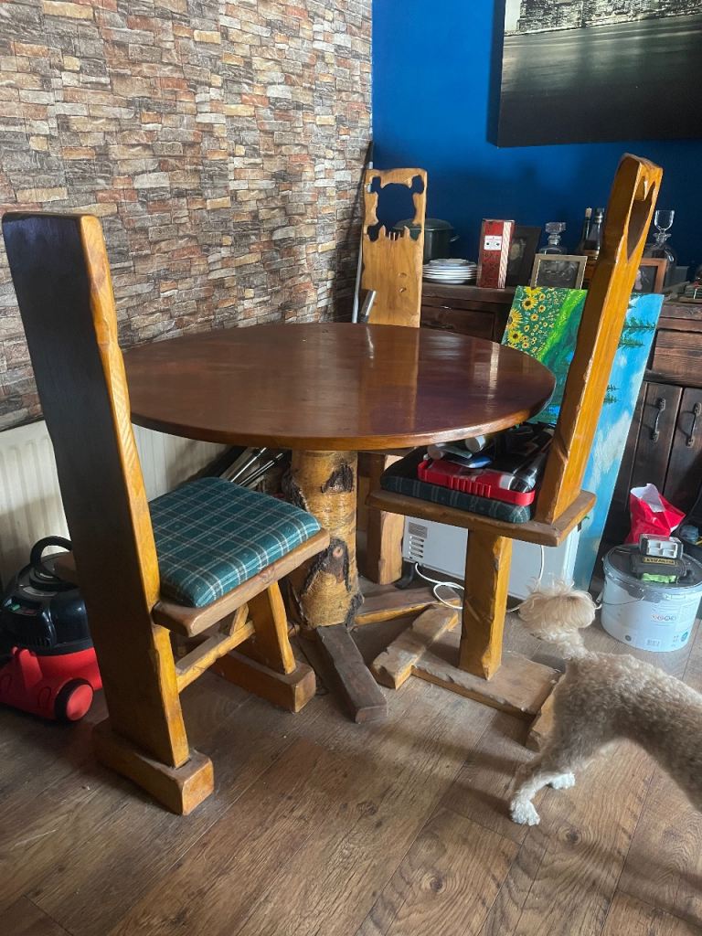 Solid Wood Round Dining Table and 3 Chairs – Good Condition