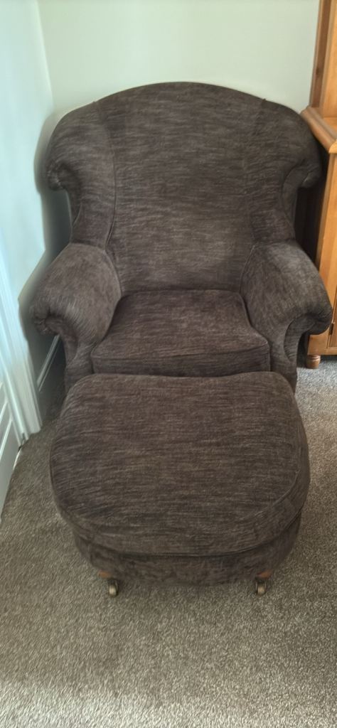 Comfy Brown Armchair and Footstool Set – Good Condition