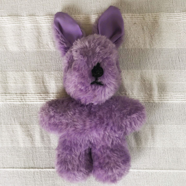 Vintage 1980's handmade purple rabbit soft toy, silky ears, button eyes. Can post.