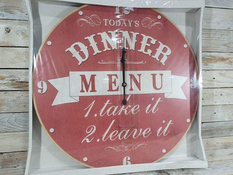 Printed Wooden Clock - Red Dinner Menu design - New & boxed
