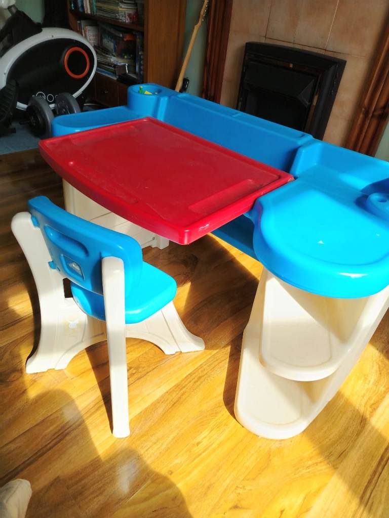 Kids Art Desk & Chair - Blue, Red & White, Good Condition